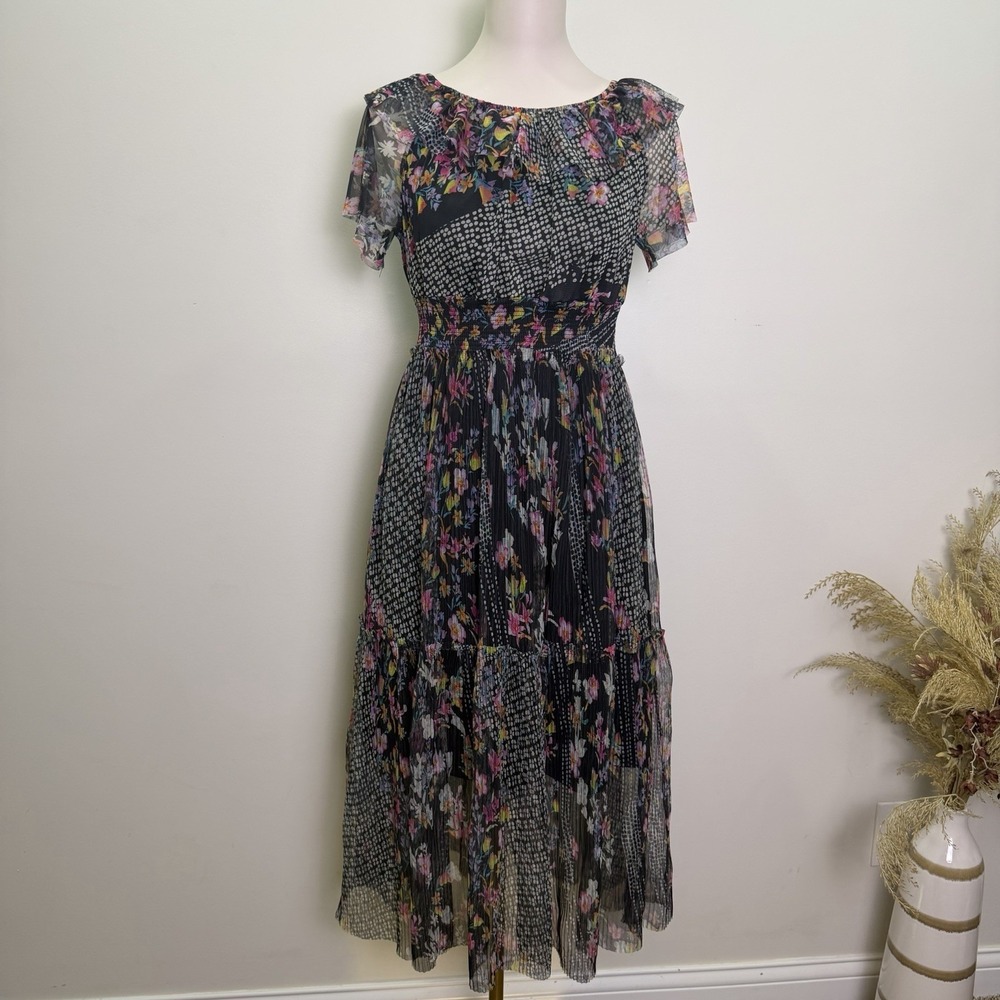 LAPIS Mixed Print Floral Dot Pleated Midi Dress Womens Medium Smocked Waist